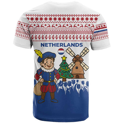 Netherlands Christmas T-Shirt with Christmas Tree Windmill Piet Character and Tulip Pattern Graphic Tee