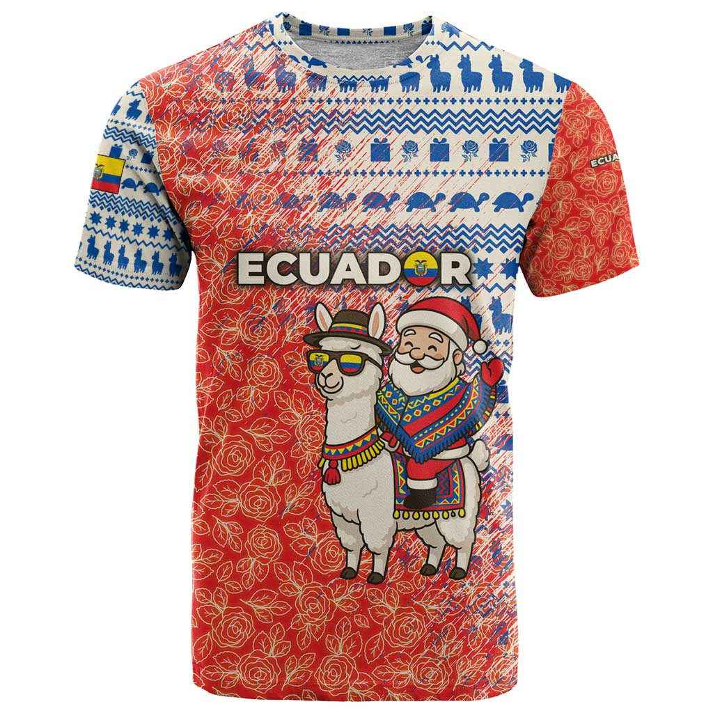 Ecuador Christmas T-Shirt with Santa Riding Llama Traditional Patterns and Rose Design Graphic Tee