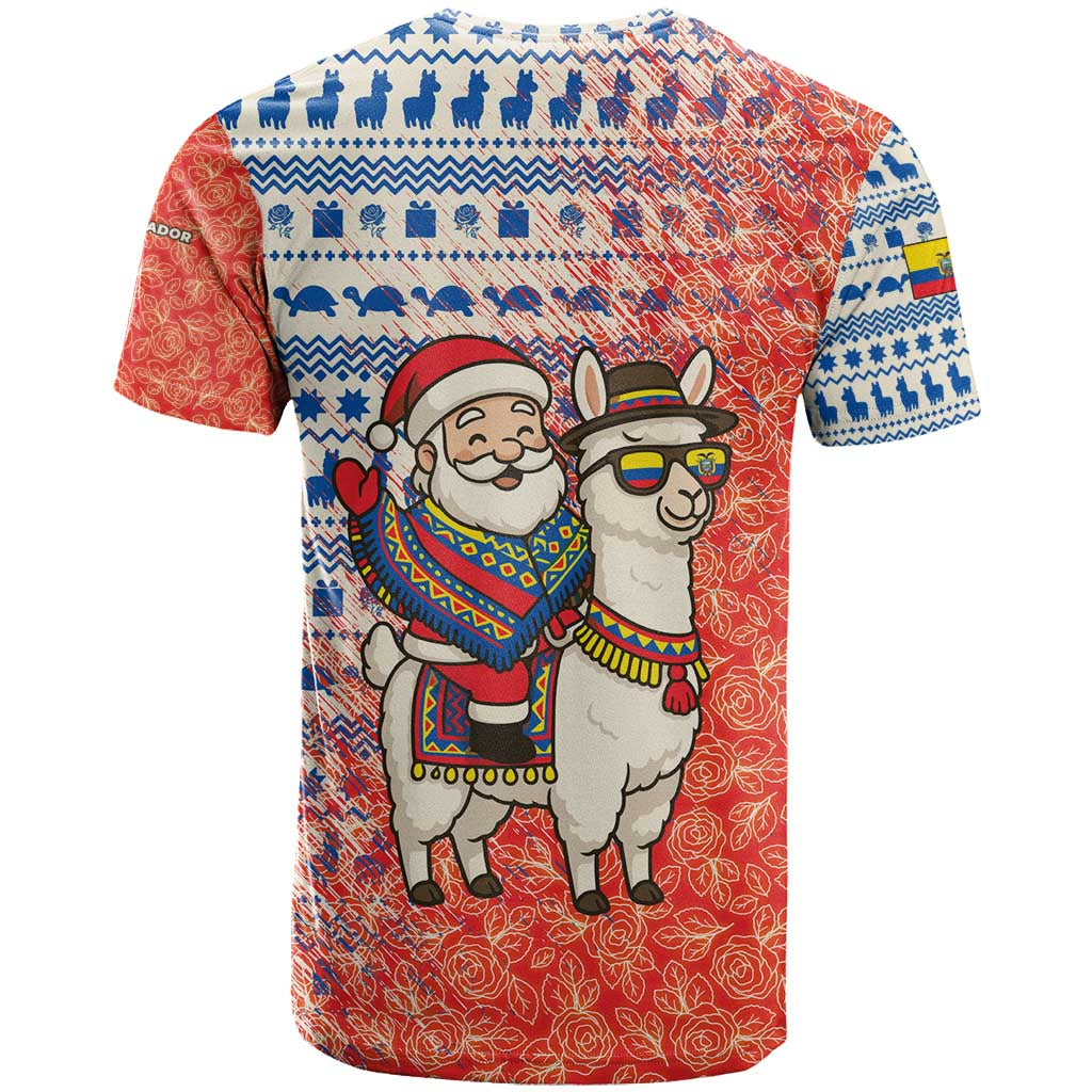 Ecuador Christmas T-Shirt with Santa Riding Llama Traditional Patterns and Rose Design Graphic Tee
