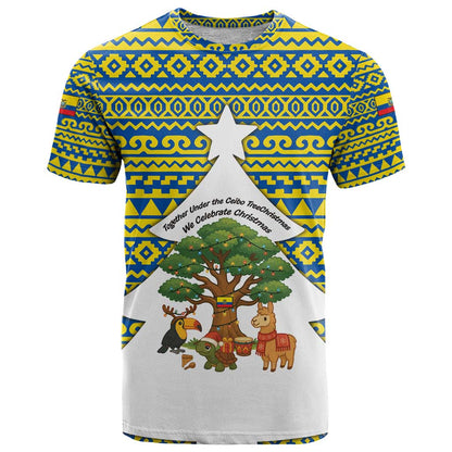 Ecuador Christmas T-Shirt with Ceibo Tree Llama Toucan and Traditional Yellow Blue Pattern Design Graphic Tee