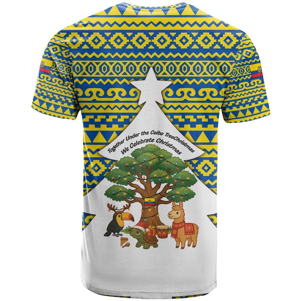 Ecuador Christmas T-Shirt with Ceibo Tree Llama Toucan and Traditional Yellow Blue Pattern Design Graphic Tee
