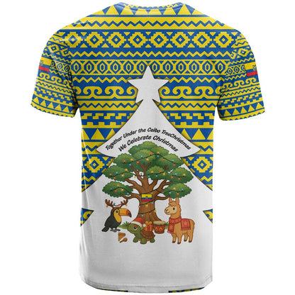 Ecuador Christmas T-Shirt with Ceibo Tree Llama Toucan and Traditional Yellow Blue Pattern Design Graphic Tee