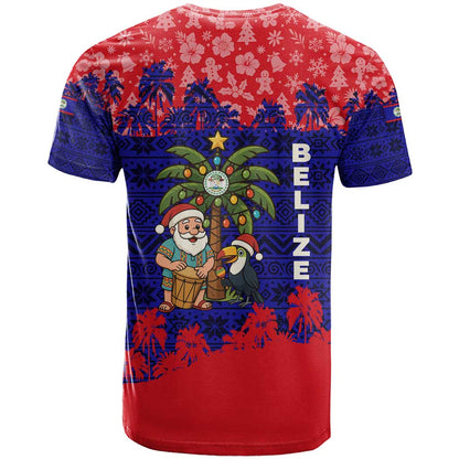 Belize Christmas T-Shirt with Santa Toucan Palm Tree and Tribal Holiday Pattern Graphic Tee