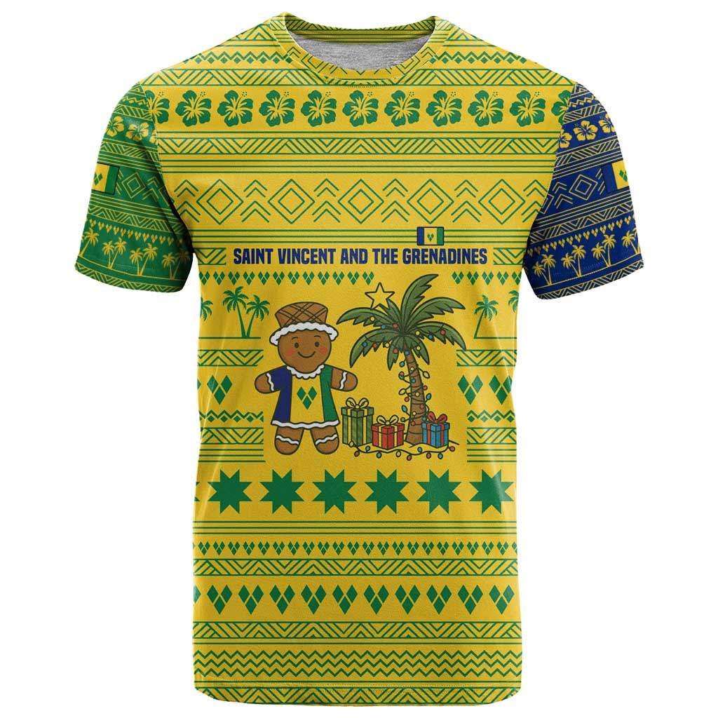 Saint Vincent and the Grenadines Christmas T-Shirt with Gingerbread Boy Palm Tree and Traditional Pattern Graphic Tee