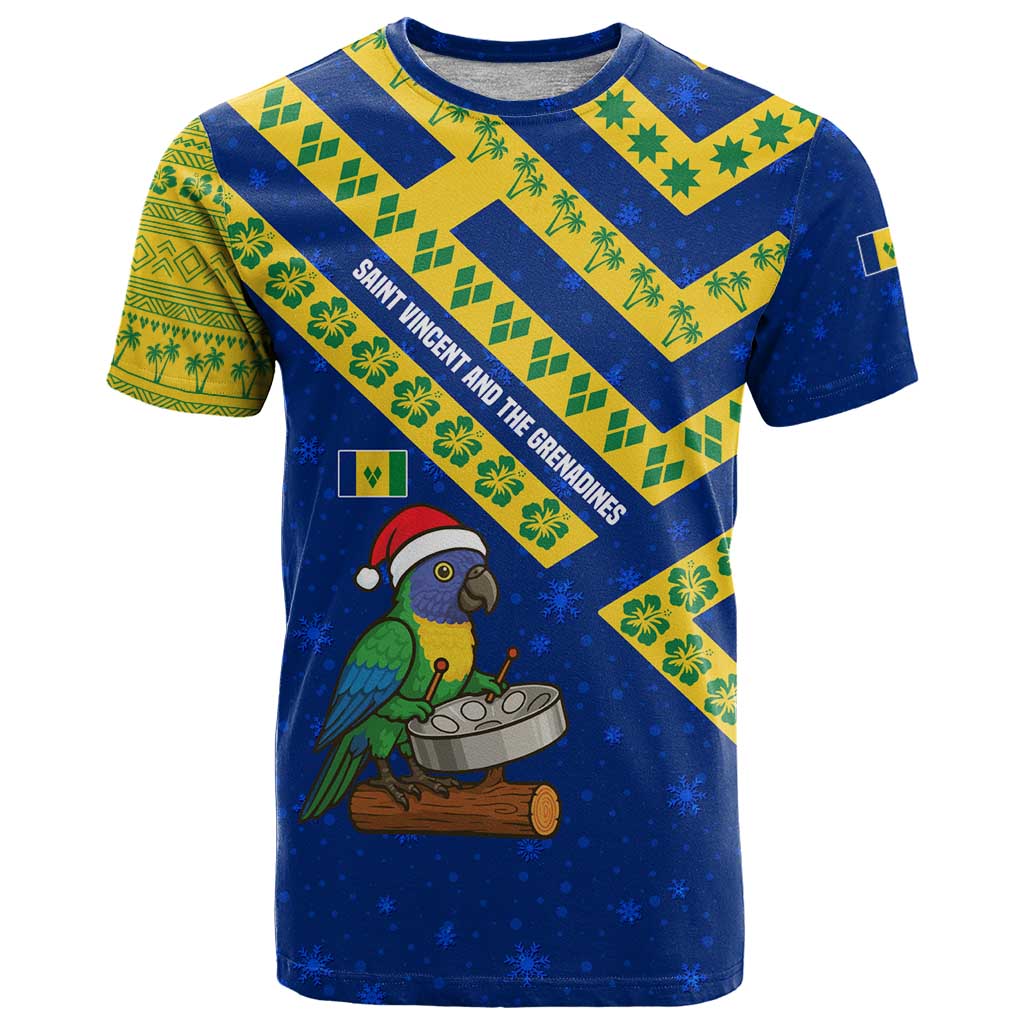 Saint Vincent and the Grenadines Christmas T-Shirt with Parrot Playing Steelpan and Tropical Pattern Design Graphic Tee