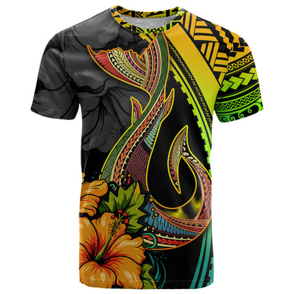 Hawaii T-Shirt Polynesian Fish Hook and Hibiscus Flowers with Gradient Pattern Graphic Tee