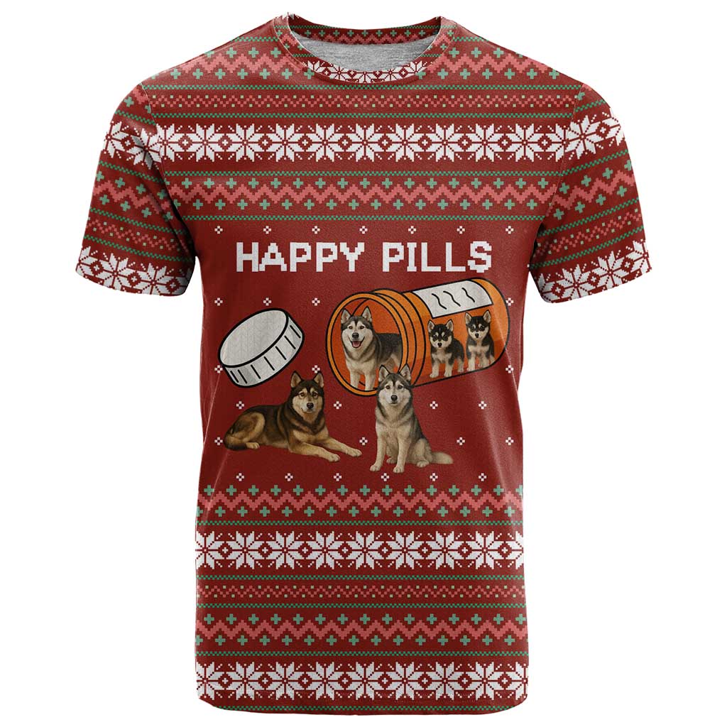 Merry Christmas Siberian Husky Dog Happy Pills T-Shirt Husky Dogs in Pill Bottle and Red Snowflake Graphic Tee