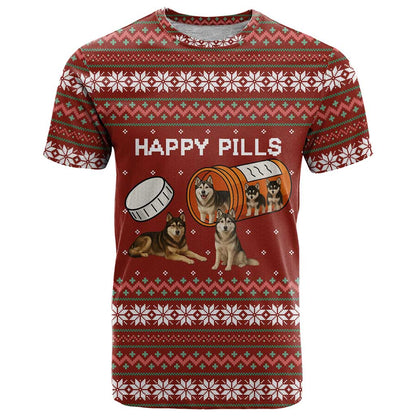 Merry Christmas Siberian Husky Dog Happy Pills T-Shirt Husky Dogs in Pill Bottle and Red Snowflake Graphic Tee