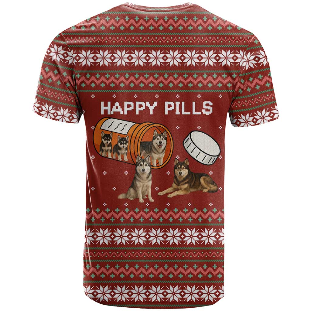Merry Christmas Siberian Husky Dog Happy Pills T-Shirt Husky Dogs in Pill Bottle and Red Snowflake Graphic Tee