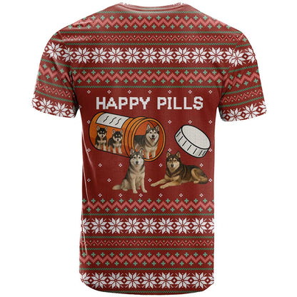Merry Christmas Siberian Husky Dog Happy Pills T-Shirt Husky Dogs in Pill Bottle and Red Snowflake Graphic Tee