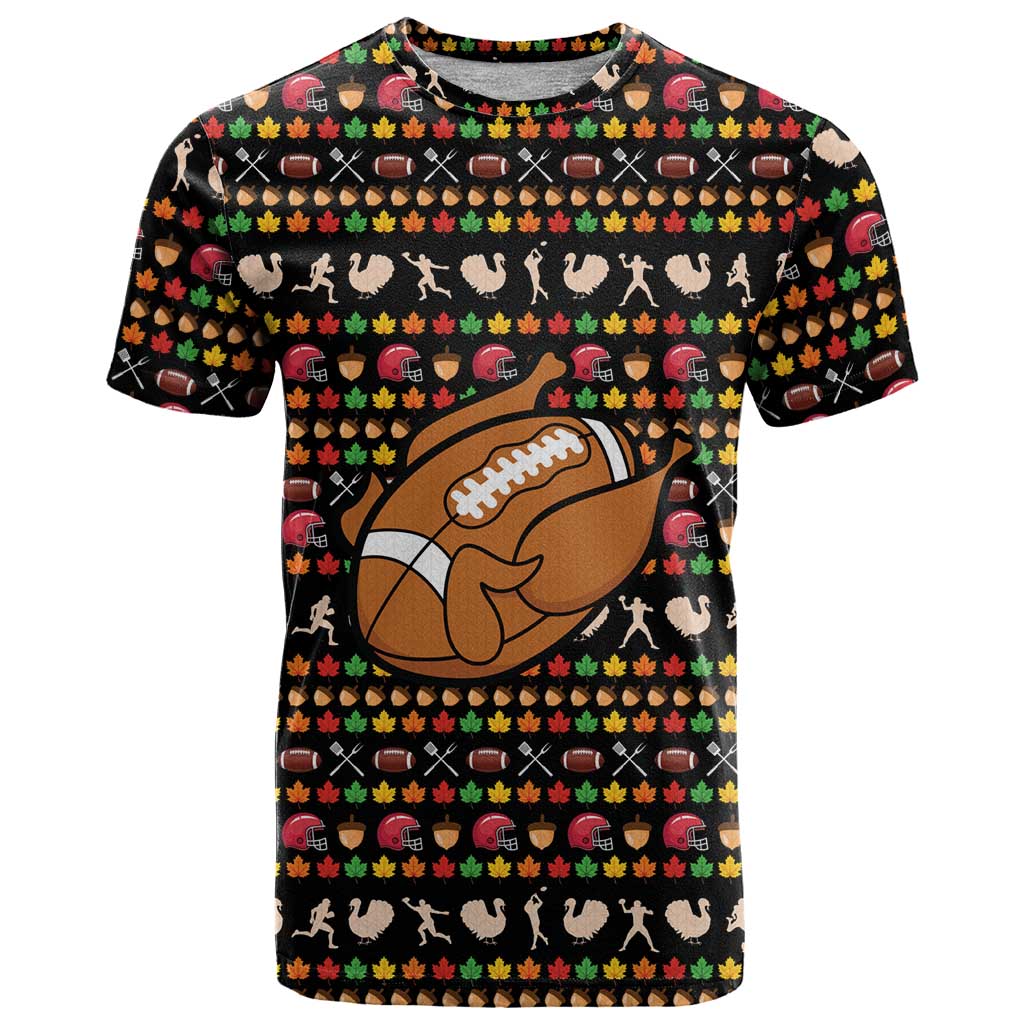 Merry Christmas Turkey Football T-Shirt Fall Leaves Pattern for Game Day Fans Graphic Tee
