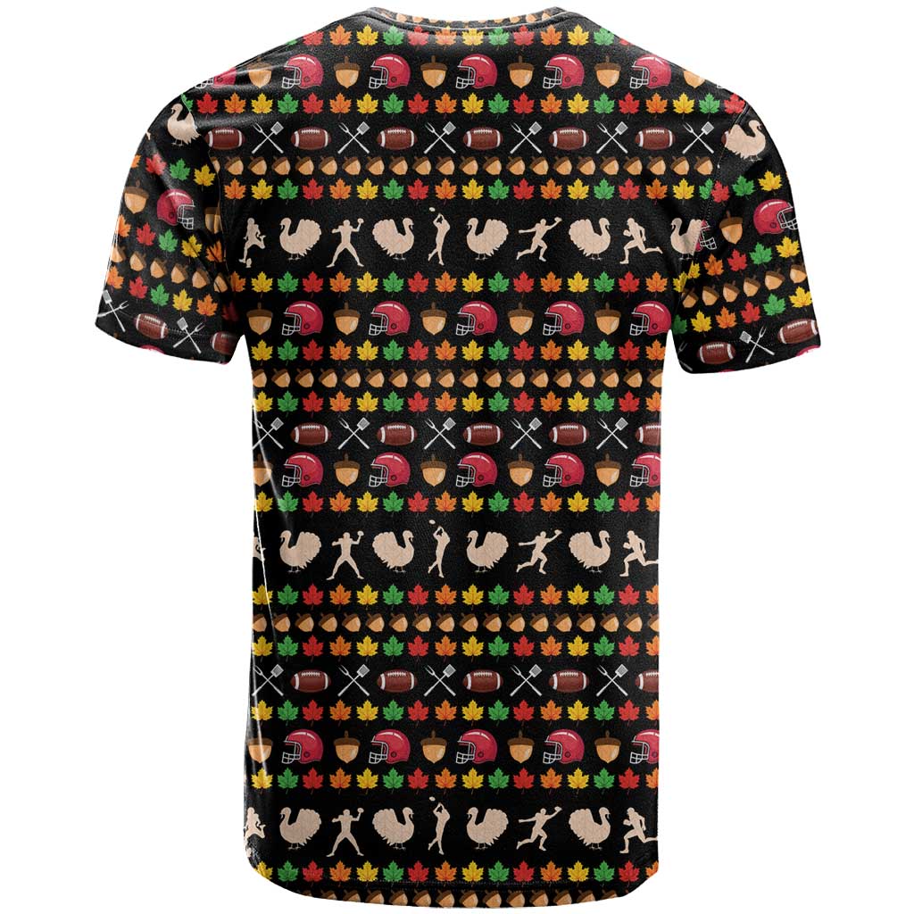 Merry Christmas Turkey Football T-Shirt Fall Leaves Pattern for Game Day Fans Graphic Tee