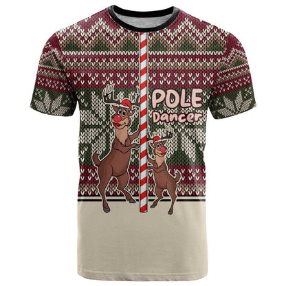 Funny Pole Dancer Reindeer Christmas T-Shirt Xmas Holiday Patterns Graphic Tee