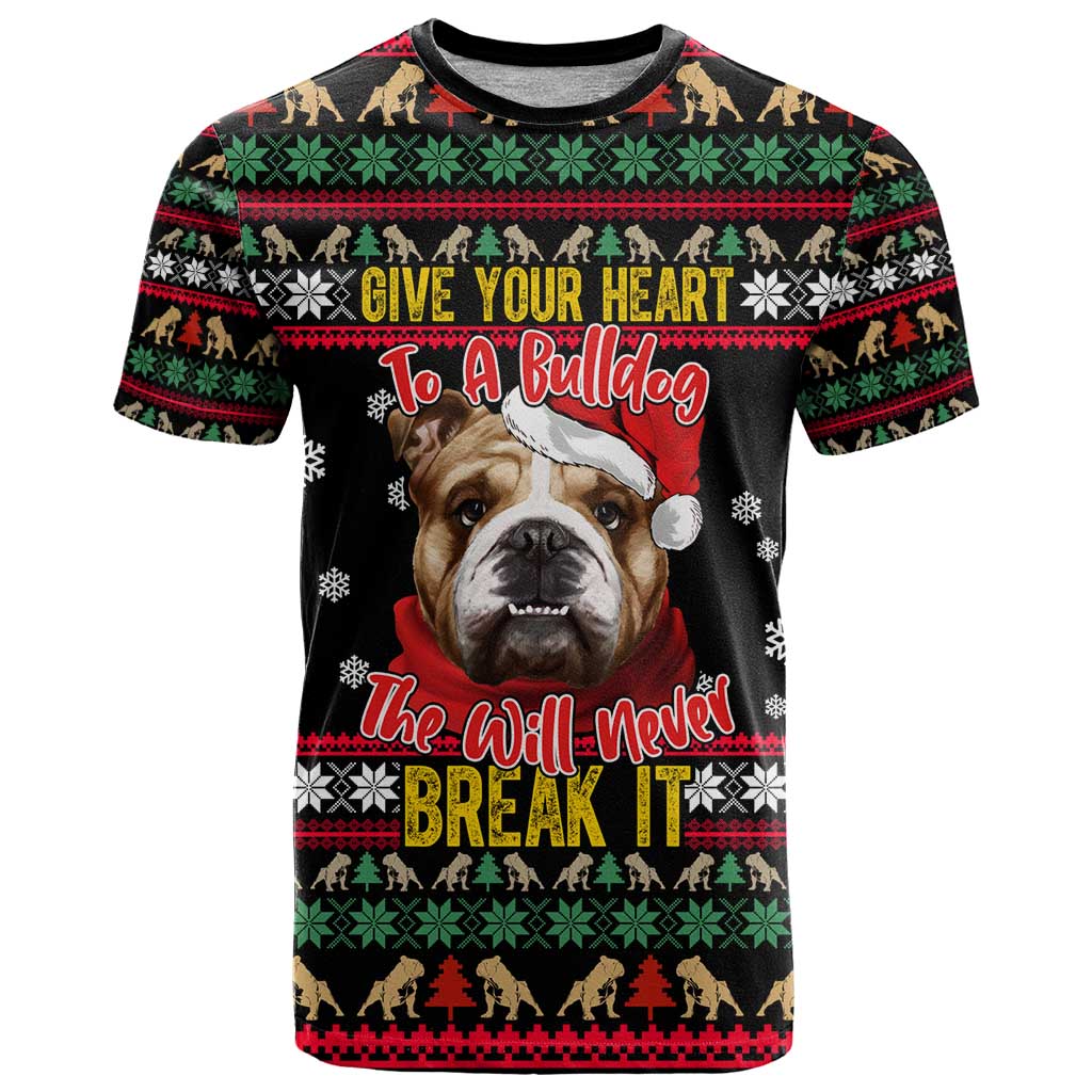 Give Your Heart Bulldog Christmas T-Shirt Xmas Holiday Patterns Graphic Tee