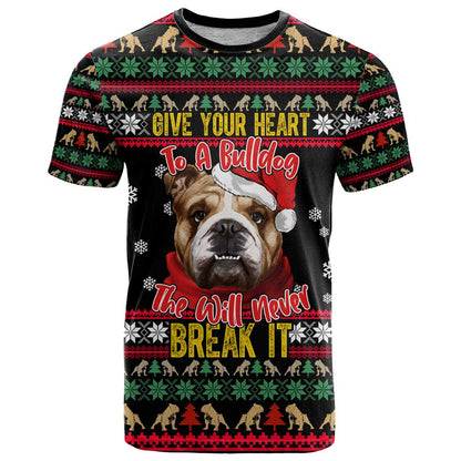 Give Your Heart Bulldog Christmas T-Shirt Xmas Holiday Patterns Graphic Tee