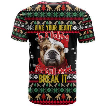 Give Your Heart Bulldog Christmas T-Shirt Xmas Holiday Patterns Graphic Tee