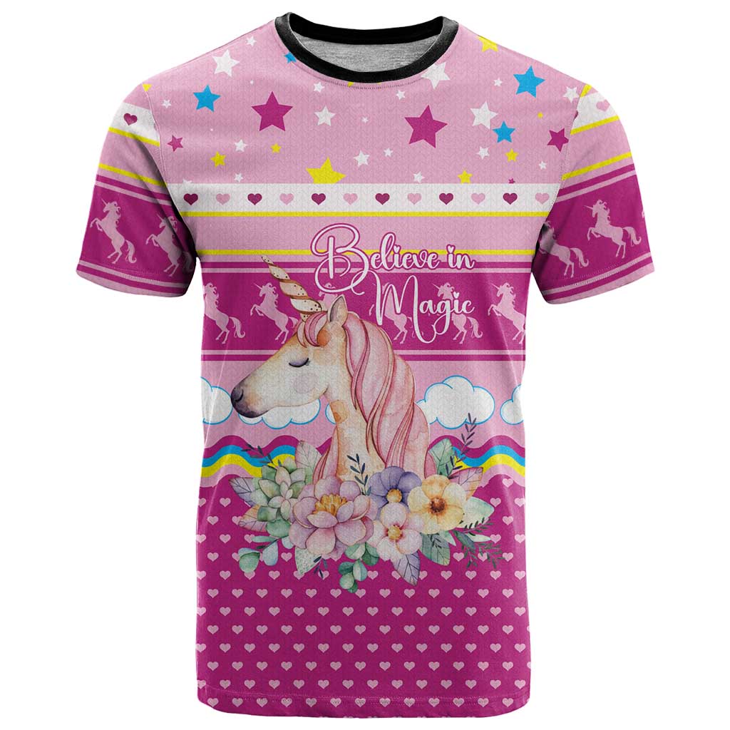 Unicorn Believe In Magic Christmas T-Shirt with Believe in Magic Quote Pink Hearts Stars and Rainbow Graphic Tee