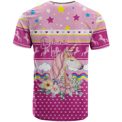 Unicorn Believe In Magic Christmas T-Shirt with Believe in Magic Quote Pink Hearts Stars and Rainbow Graphic Tee