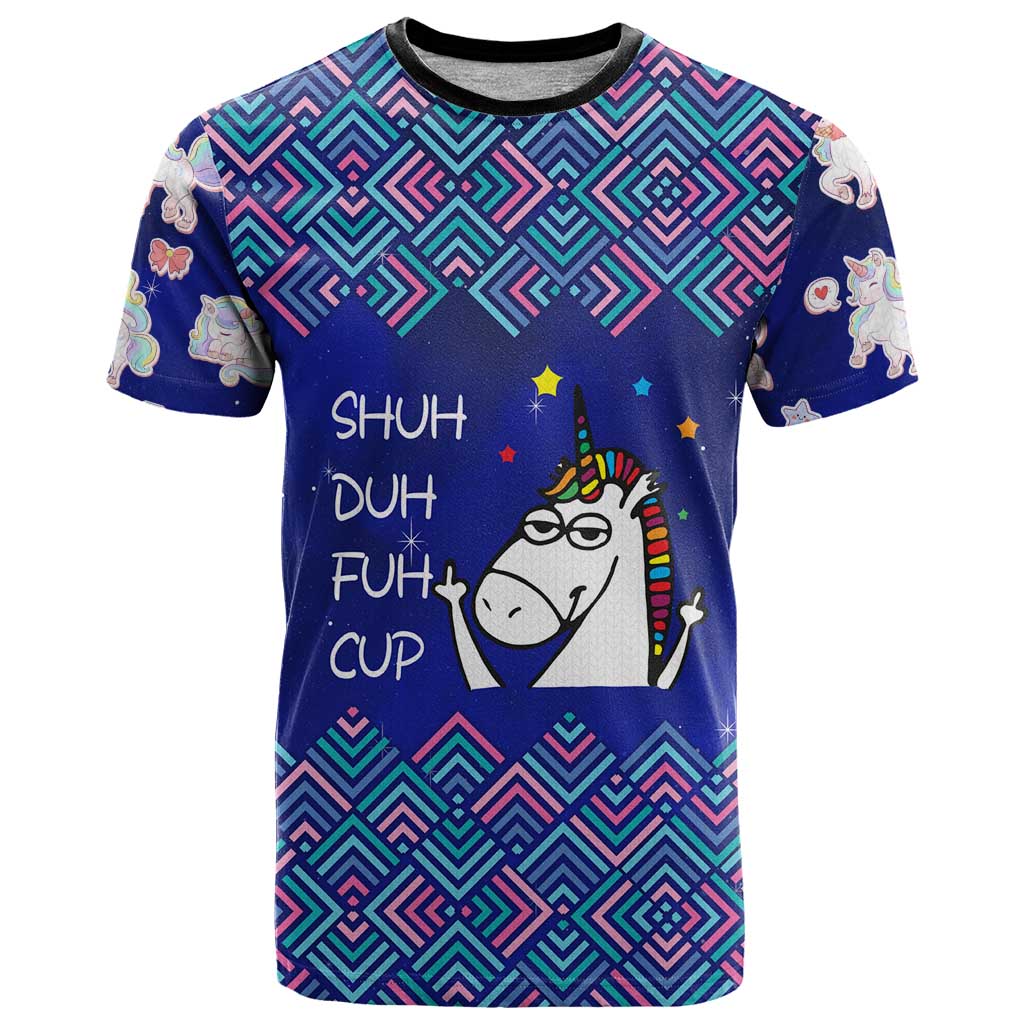 Funny Unicorn T-Shirt with Shuh Duh Fuh Cup Quote Blue Geometric and Cartoon Graphic Tee