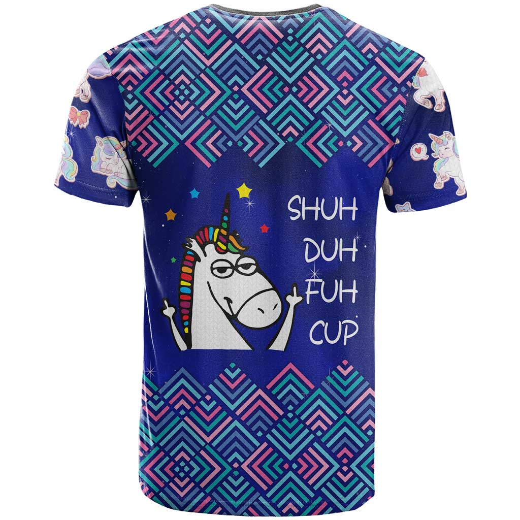 Funny Unicorn T-Shirt with Shuh Duh Fuh Cup Quote Blue Geometric and Cartoon Graphic Tee