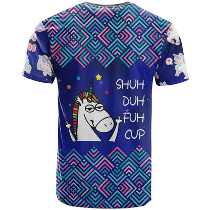 Funny Unicorn T-Shirt with Shuh Duh Fuh Cup Quote Blue Geometric and Cartoon Graphic Tee