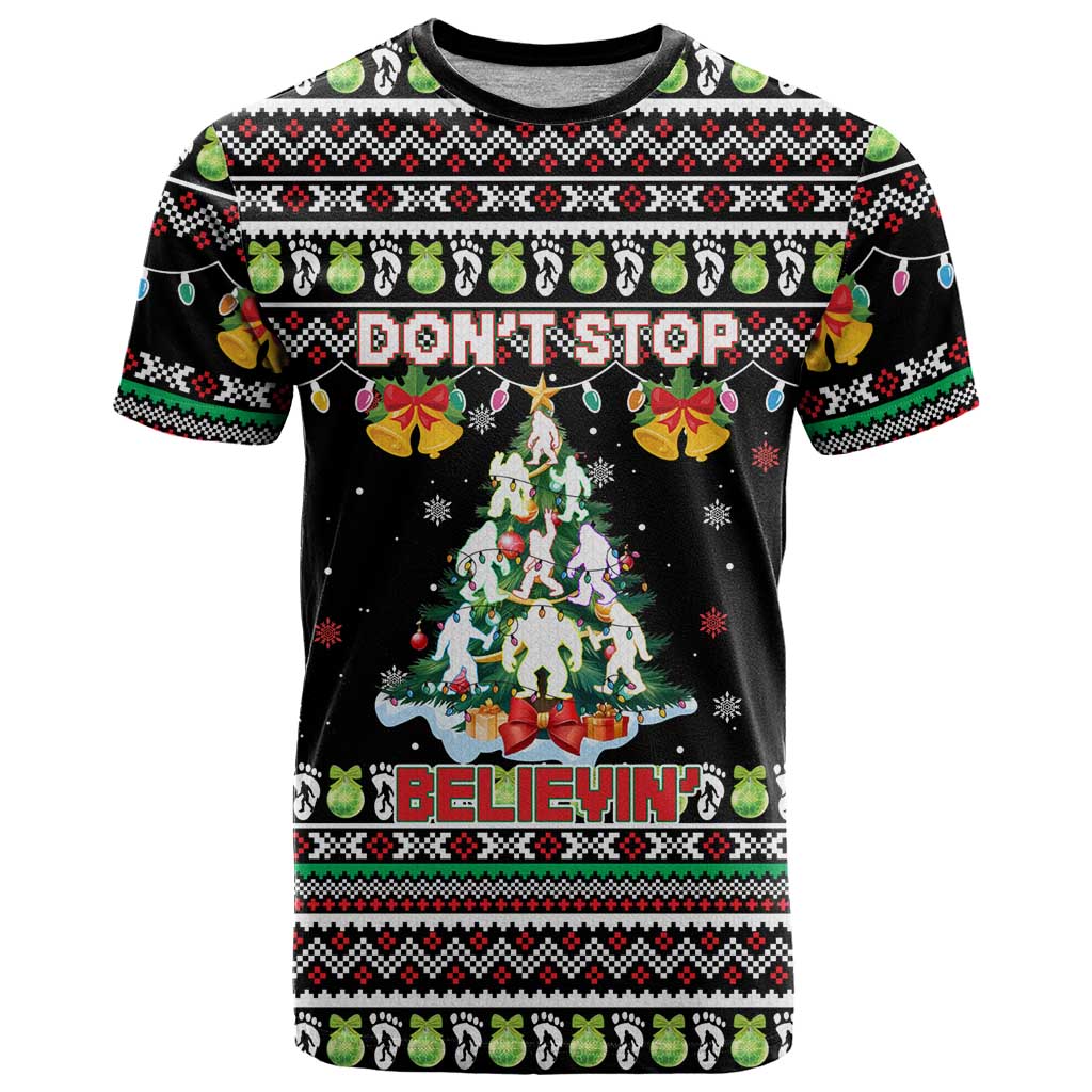 Christmas Unicorn T-Shirt with Don't Stop Believin Quote Tree Lights and Festive Graphic Tee
