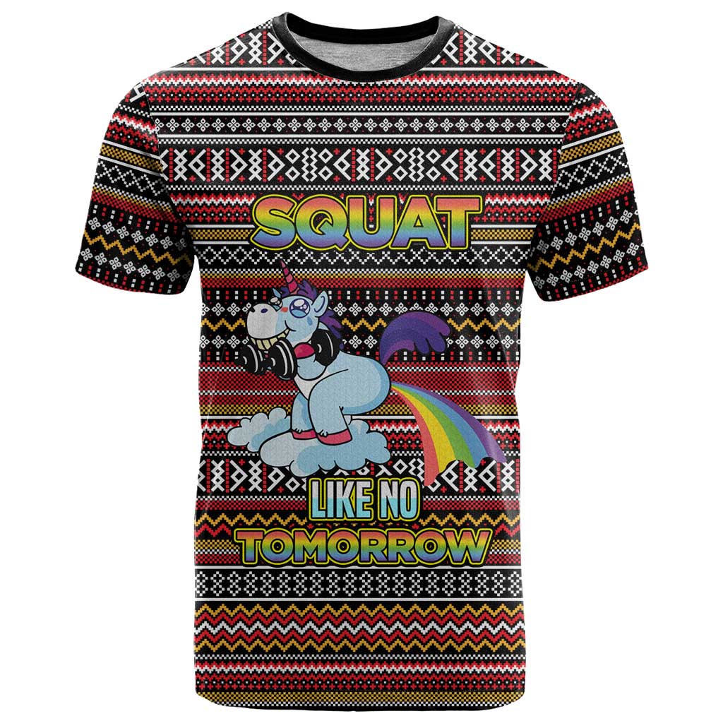 Funny Unicorn Workout T-Shirt with Squat Like No Tomorrow Quote and Rainbow Tribal Graphic Tee