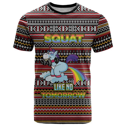 Funny Unicorn Workout T-Shirt with Squat Like No Tomorrow Quote and Rainbow Tribal Graphic Tee