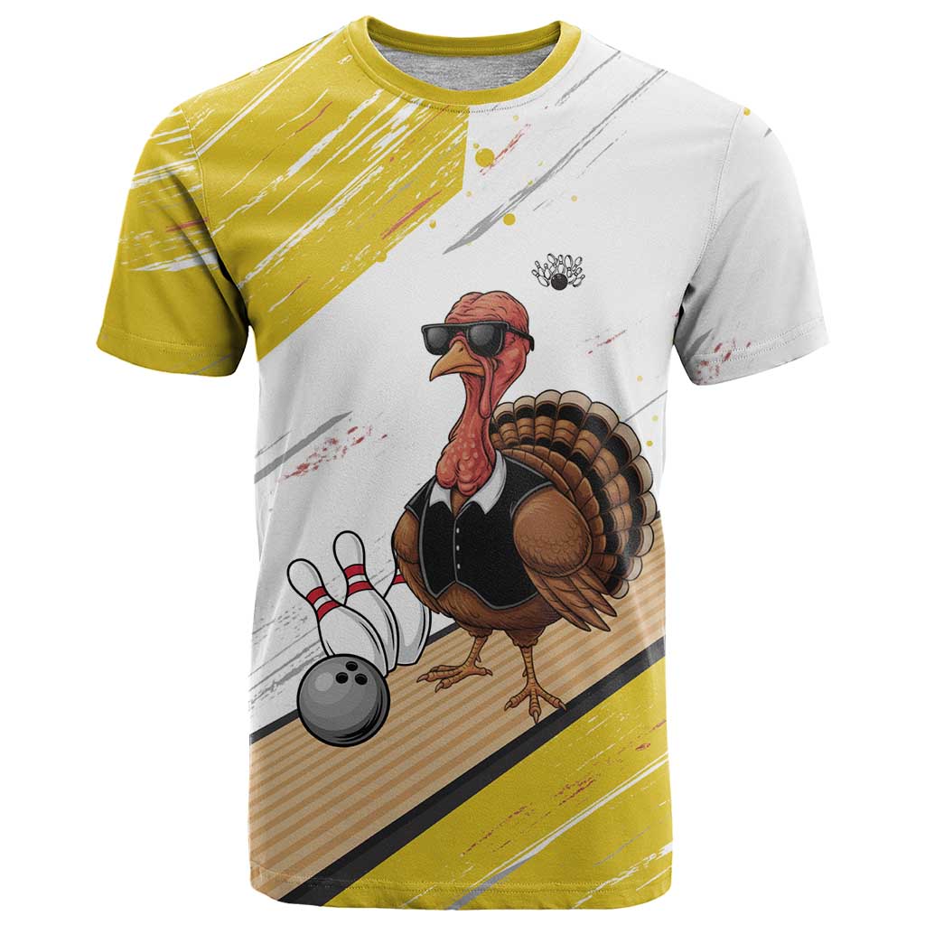 Personalized Funny Turkey Bowling T-Shirt with Cool Sunglasses Pins Yellow and White Graphic Tee