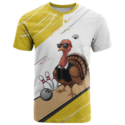Personalized Funny Turkey Bowling T-Shirt with Cool Sunglasses Pins Yellow and White Graphic Tee