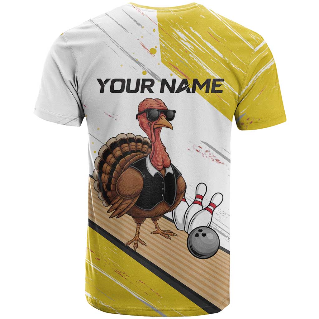 Personalized Funny Turkey Bowling T-Shirt with Cool Sunglasses Pins Yellow and White Graphic Tee