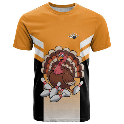 Personalized Funny Turkey Bowling T-Shirt with Cartoon Pins Thanksgiving Graphic Tee