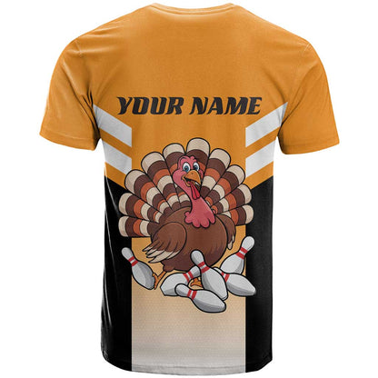 Personalized Funny Turkey Bowling T-Shirt with Cartoon Pins Thanksgiving Graphic Tee