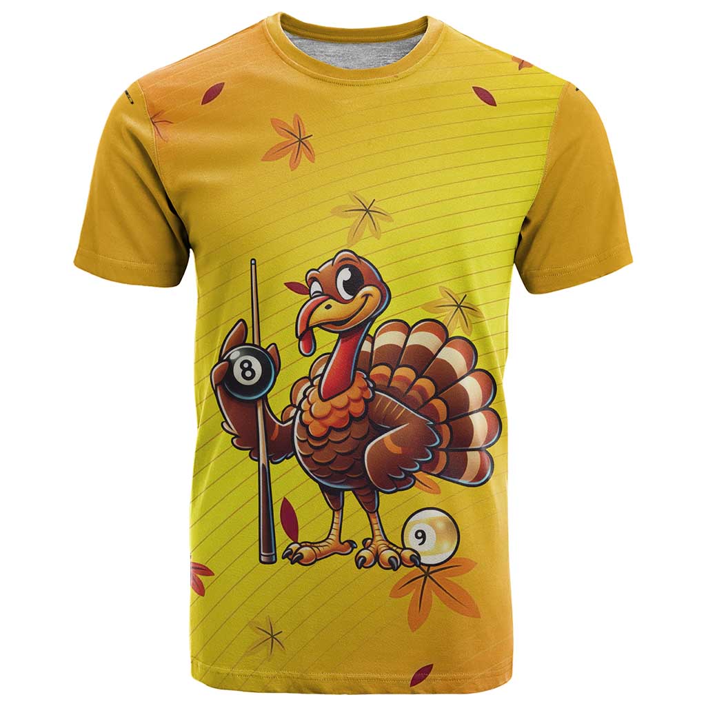 Personalized Funny Turkey Billiards T-Shirt with Pool Cue and Balls Thanksgiving Design Graphic Tee