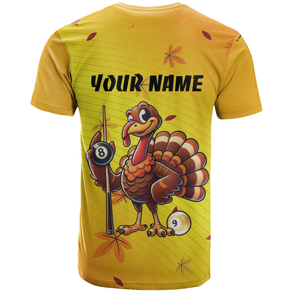 Personalized Funny Turkey Billiards T-Shirt with Pool Cue and Balls Thanksgiving Design Graphic Tee