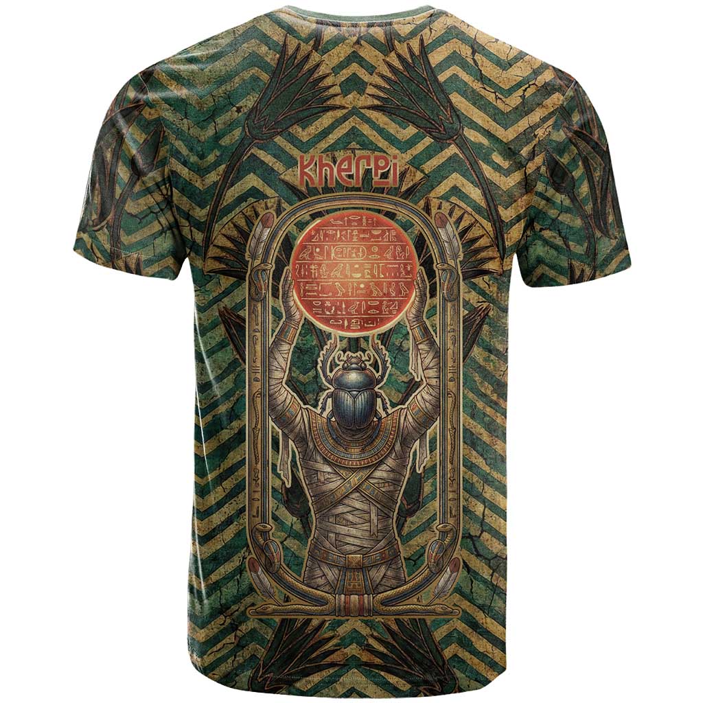 Khepri T-Shirt Ancient Egyptian Chevron, Scarab Ankh and Winged Khepri Guardian Motif Graphic Tee