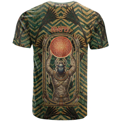 Khepri T-Shirt Ancient Egyptian Chevron, Scarab Ankh and Winged Khepri Guardian Motif Graphic Tee