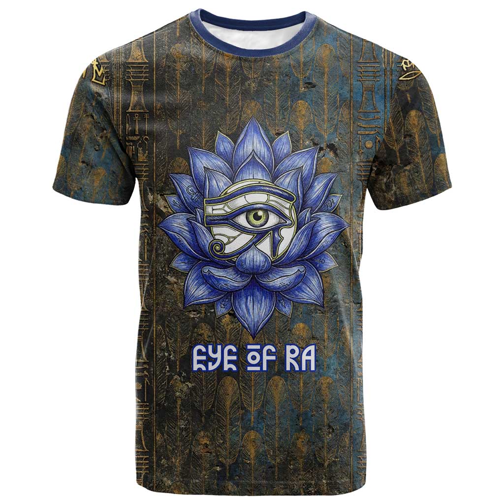 Khepri Ancient Egyptian T-Shirt Dark Hieroglyphic, Blue Lotus Eye Symbol, and Winged Scarab Resurrection Graphic Tee