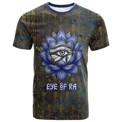 Khepri Ancient Egyptian T-Shirt Dark Hieroglyphic, Blue Lotus Eye Symbol, and Winged Scarab Resurrection Graphic Tee