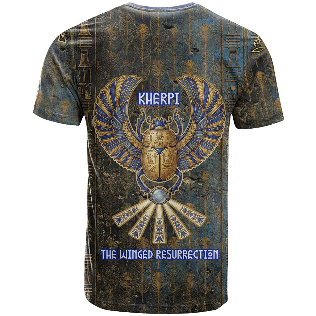 Khepri Ancient Egyptian T-Shirt Dark Hieroglyphic, Blue Lotus Eye Symbol, and Winged Scarab Resurrection Graphic Tee