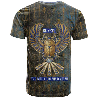 Khepri Ancient Egyptian T-Shirt Dark Hieroglyphic, Blue Lotus Eye Symbol, and Winged Scarab Resurrection Graphic Tee