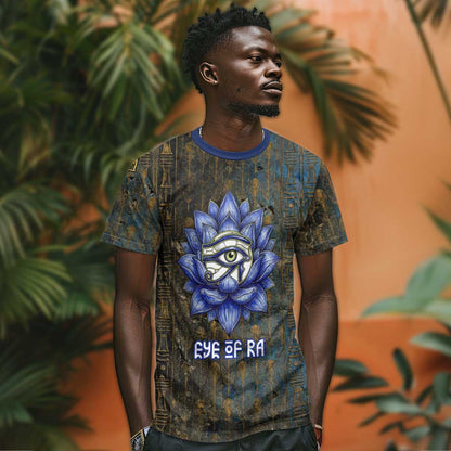 Khepri Ancient Egyptian T-Shirt Dark Hieroglyphic, Blue Lotus Eye Symbol, and Winged Scarab Resurrection Graphic Tee