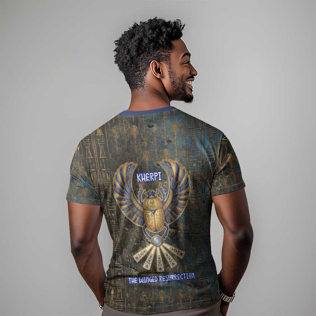Khepri Ancient Egyptian T-Shirt Dark Hieroglyphic, Blue Lotus Eye Symbol, and Winged Scarab Resurrection Graphic Tee