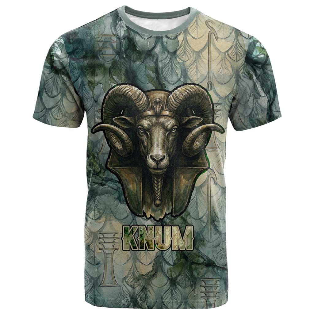 Khnum Ancient Egyptian T-Shirt with Smoky Leaf, Ram Head Emblem, and Guardian of the Cataract Graphic Tee