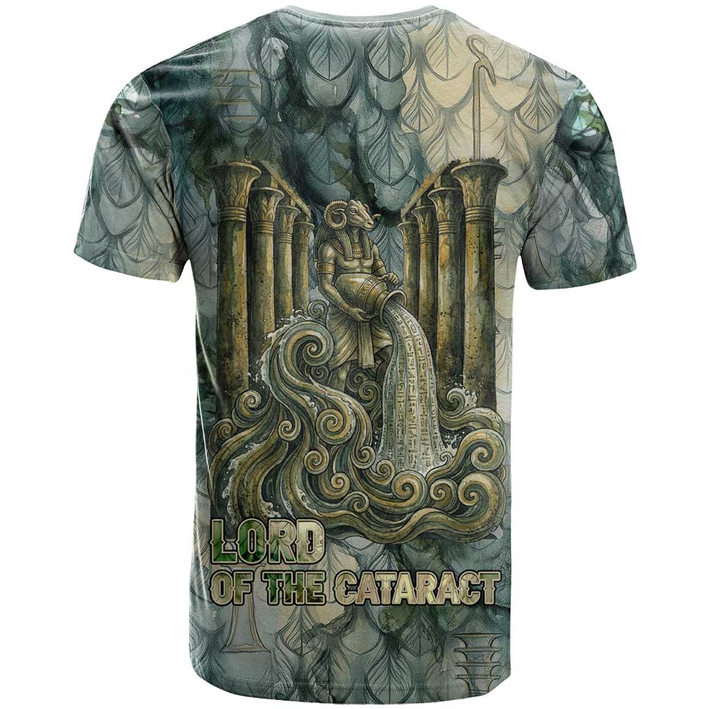 Khnum Ancient Egyptian T-Shirt with Smoky Leaf, Ram Head Emblem, and Guardian of the Cataract Graphic Tee