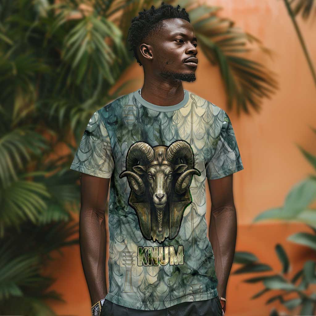 Khnum Ancient Egyptian T-Shirt with Smoky Leaf, Ram Head Emblem, and Guardian of the Cataract Graphic Tee