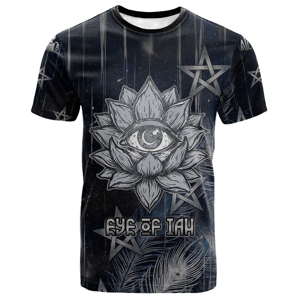 Khonsu T-Shirt Ancient Egyptian Dark Feather Pattern, Moonlit Raven Symbol, and Eye Lotus Graphic Tee