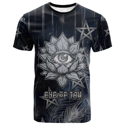 Khonsu T-Shirt Ancient Egyptian Dark Feather Pattern, Moonlit Raven Symbol, and Eye Lotus Graphic Tee