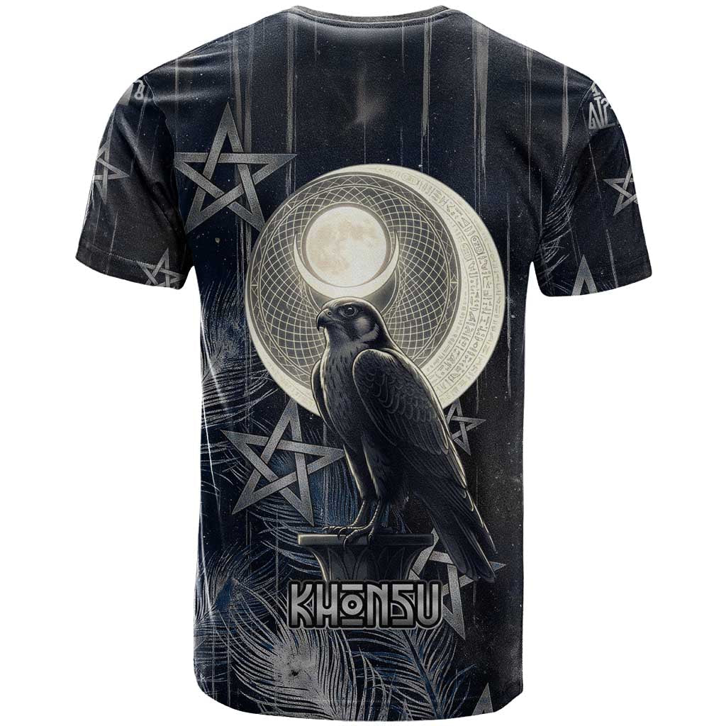 Khonsu T-Shirt Ancient Egyptian Dark Feather Pattern, Moonlit Raven Symbol, and Eye Lotus Graphic Tee