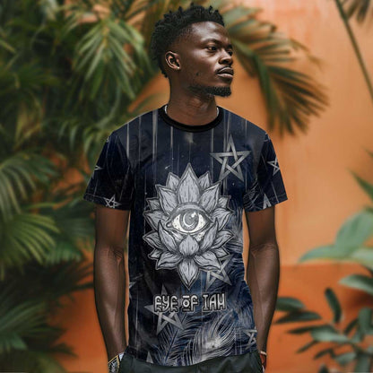 Khonsu T-Shirt Ancient Egyptian Dark Feather Pattern, Moonlit Raven Symbol, and Eye Lotus Graphic Tee